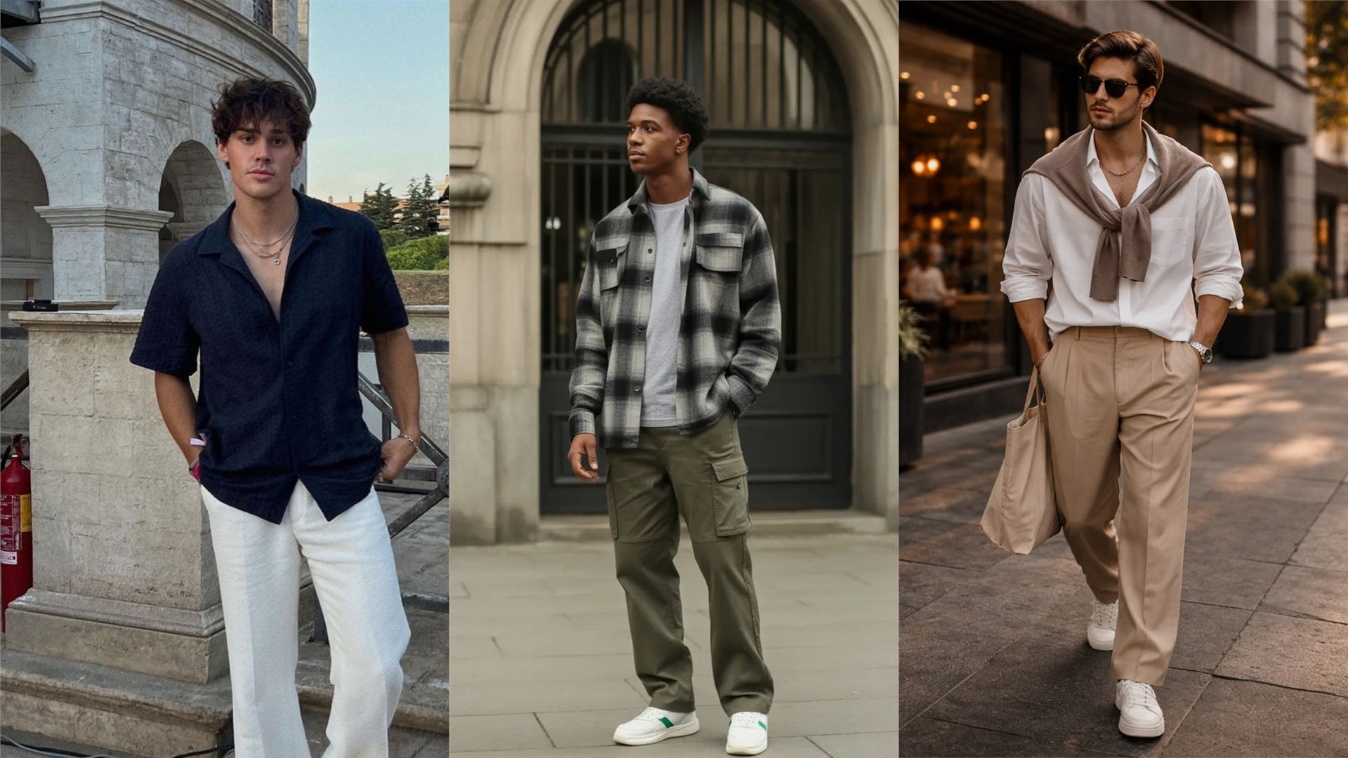 Menswear outfits with shirts, overshirts, and sneakers